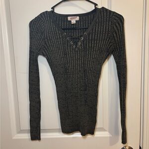 Olive Green Fitted Stretchy Lace up Long Sleeve Ribbed Shirt